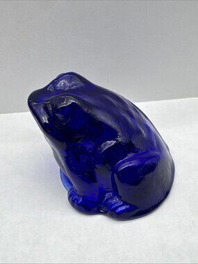 Cobalt Blue Art Glass Frog Paperweight Figurine